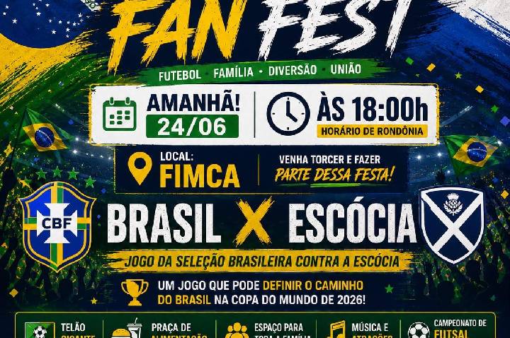 Brasil x Escócia promete lotar Copa Fan Fest nesta quarta-feira e mobiliza torcedores em Porto Velho.