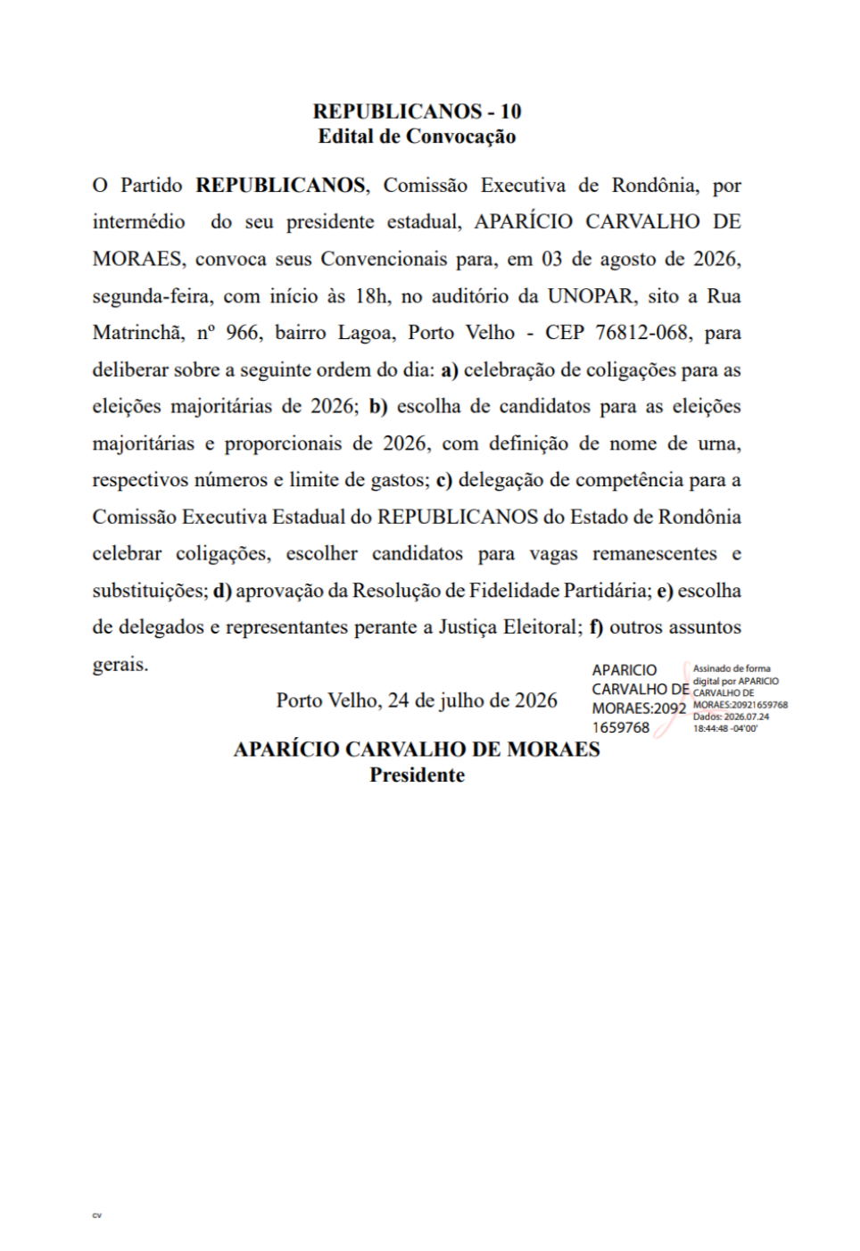 Edital de convocação - Convenção Partidária Estadual - REPÚBLICANOS